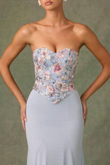 Embellished Corset Fishtail Gown in Floral Blue