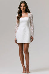 Bijou | White Square-Neck Lace Long-Sleeve Mini Dress