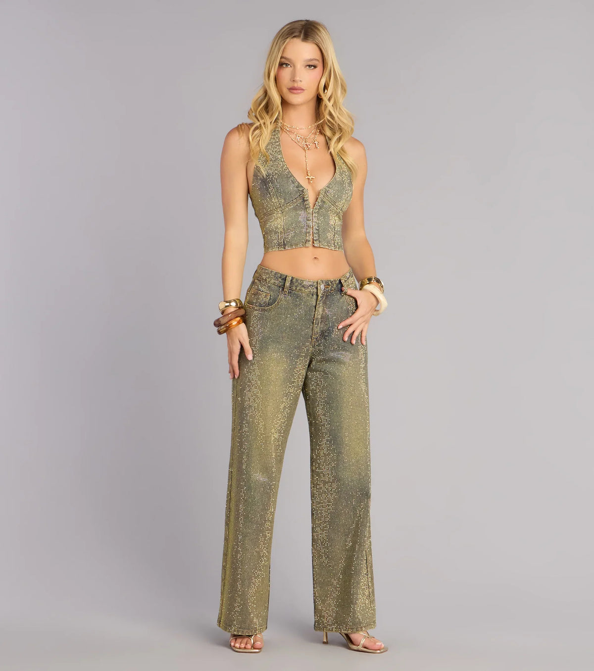 Glam Moment Rhinestone Denim Straight-Leg Jeans