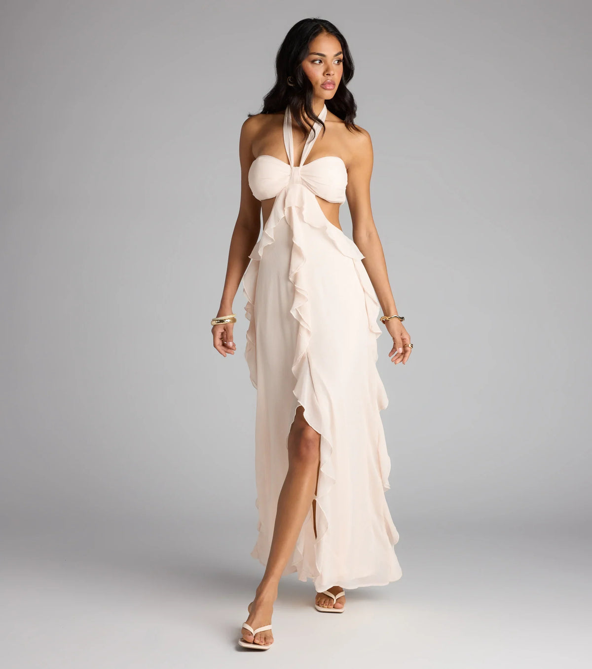chiffon halter maxi dress Santal Floral Chiffon Halter Maxi Dress / Lemon | MESHKI