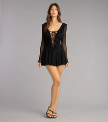 Lace-Up Moment Sheer Long Sleeve Mini Dress