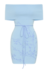 Mallory Off Shoulder Embroidered Knit Mini Dress - Ice Blue